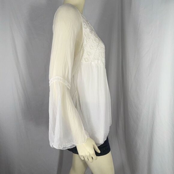 Made in Italy 100% Silk Lace Boho Blouse Sheer Bell Sleeve Peasant Top Romantic - Picture 4 of 15